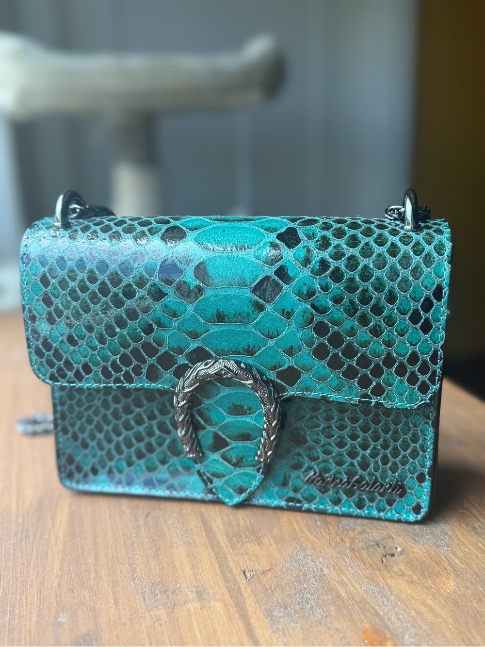 NWT Marina Galanti Turquoise Leather Snake-Embossed Chain Shoulder Cross-body